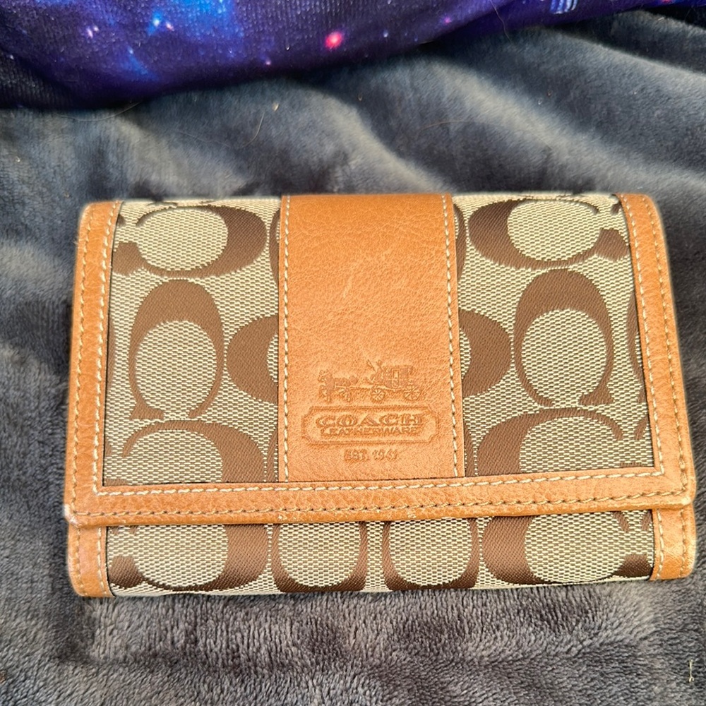 Coach Brown and Tan signature canvas Wallet gold hardware